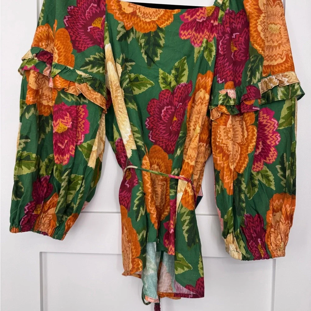 FARM Rio Green Floral Wrap Top with Pink, Yellow & Orange Blooms